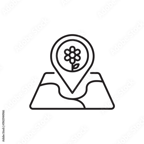 Map location pin with a flower icon inside over a simplified paper map, conceptual symbol for local flower shops.