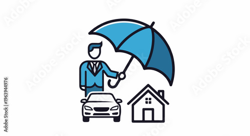 Abstract illustration of a person holding an umbrella over a car and house