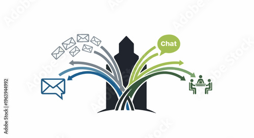 Abstract illustration of communication flow with data streams merging at central tower
