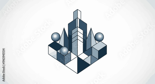 Abstract isometric geometric composition with central tower and spherical elements