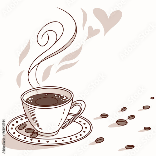 Brown coffee cup with steam and coffee beans on saucer