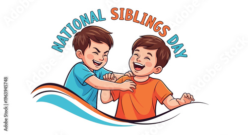 Illustration of two happy brothers celebrating National Siblings Day with playful embrace and colorful design elements on a white background.