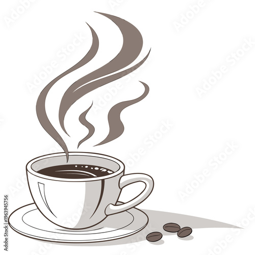 Gray coffee cup with steam on saucer and coffee beans