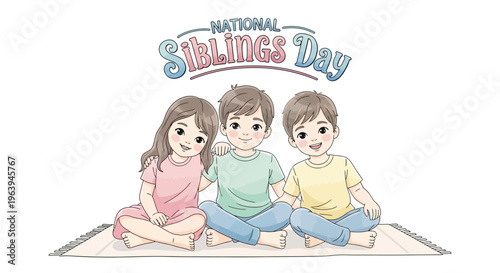Illustration of three happy siblings sitting together on a mat with a colorful 'National Siblings Day' banner above them, conveying a joyful family love concept with a flat design style and