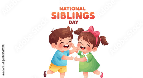 Illustration of a happy brother and sister celebrating National Siblings Day with a playful gesture, conveying sibling love and bonding in a colorful design.