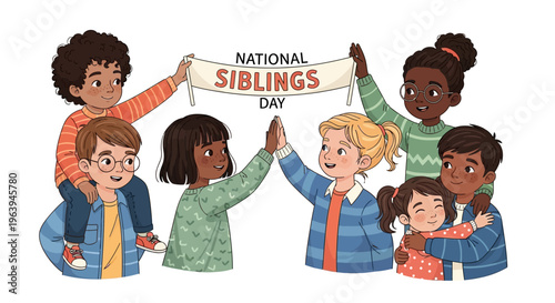 Illustration of diverse children celebrating National Siblings Day with a banner, conveying sibling love and bonding in a colorful and joyful design.