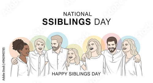 Illustration of diverse siblings with arms around each other on National Siblings Day with colorful circles, conveying love and bonding in a flat design style with a white background.