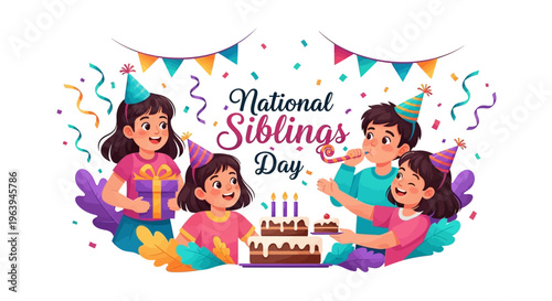 Illustration of happy siblings celebrating National Siblings Day with a cake and party decorations in a colorful design.