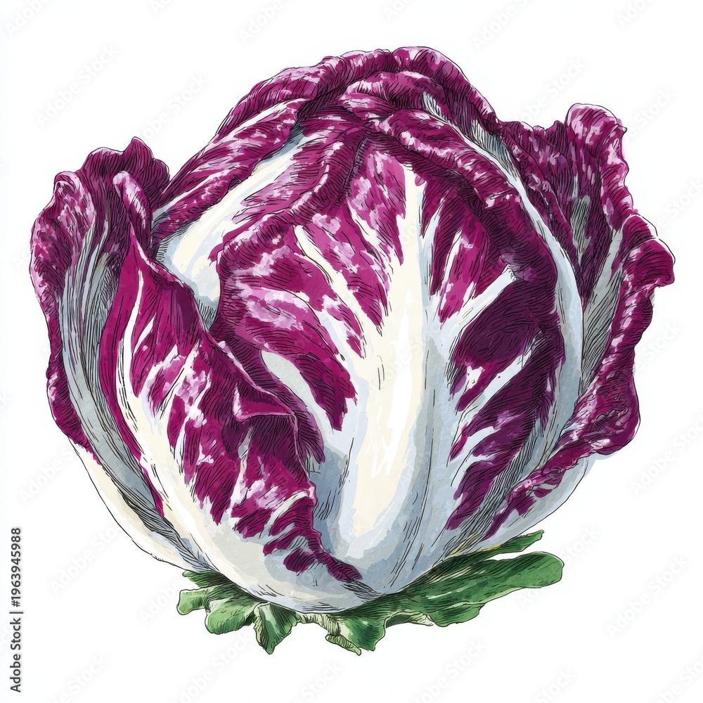 Obraz premium Vibrant Purple Radicchio Head Isolated on White Background With Detailed Texture and Leaf Veins