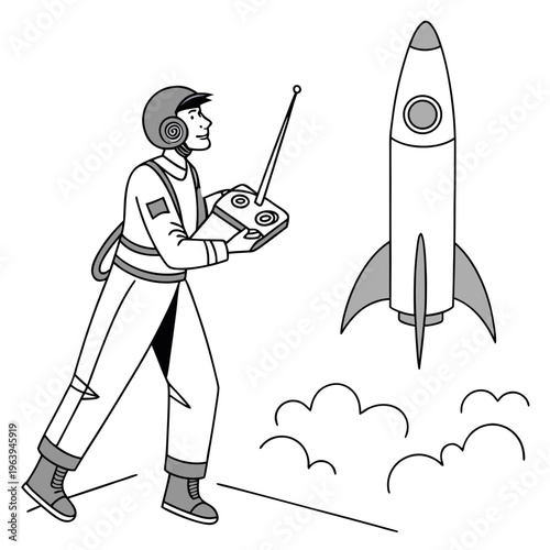 Black and white astronaut launching rocket with remote control