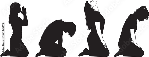 Cad drawing flat vector illustration of a woman in various kneeling prayer poses expressing devotion spirituality grief and hope through black silhouette character designs.