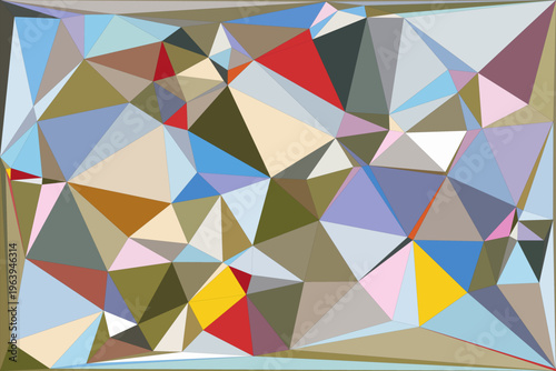 Abstract art featuring a dynamic arrangement of colorful geometric shapes and polygons.