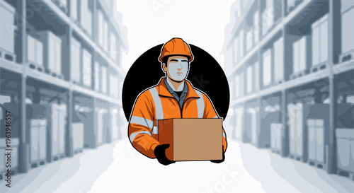 A worker in a hard hat and vest holds a box in a warehouse