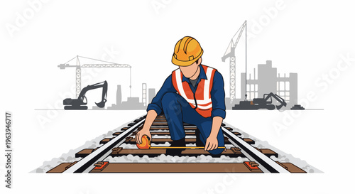 A worker measures railway tracks with a tape measure, construction cranes in background