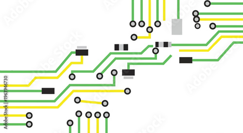 Illustration of a green circuit board with a central microchip and connecting lines