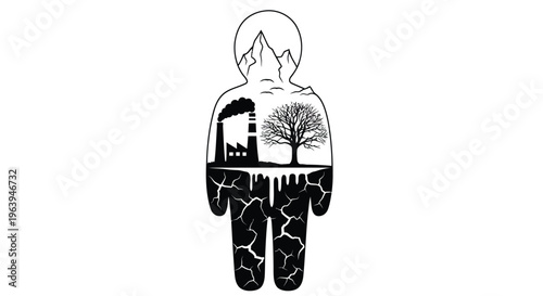 Silhouette of a person containing a landscape with industrial and natural elements	