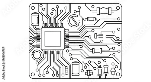 Line art illustration of a circuit board with various electronic components