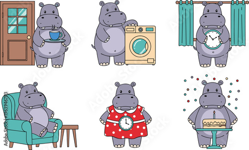 Cute Cartoon Hippopotamus Daily Life Activity Set with Home Scenes Including Drinking Coffee, Laundry, Relaxing Chair, Clock Watching and Celebration Illustration
