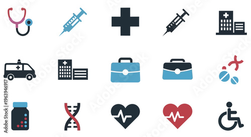 Medical icons depicting healthcare tools facilities and patient care symbols