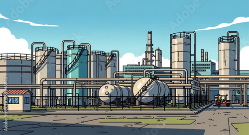 Industrial Complex Illustration - Tanks, Pipes, and Structures in a Cartoon Style.