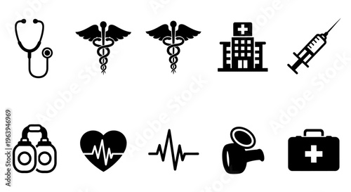 Medical icons depicting healthcare tools symbols and emergency equipment high quality