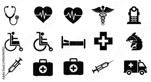 Collection of black medical icons representing healthcare equipment and emergency services