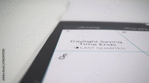 Close up of calendar showing daylight saving time ends reminder.