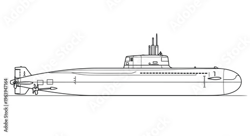 Submarine Line Icon – Naval Military Underwater Vessel Detailed Outline Illustration