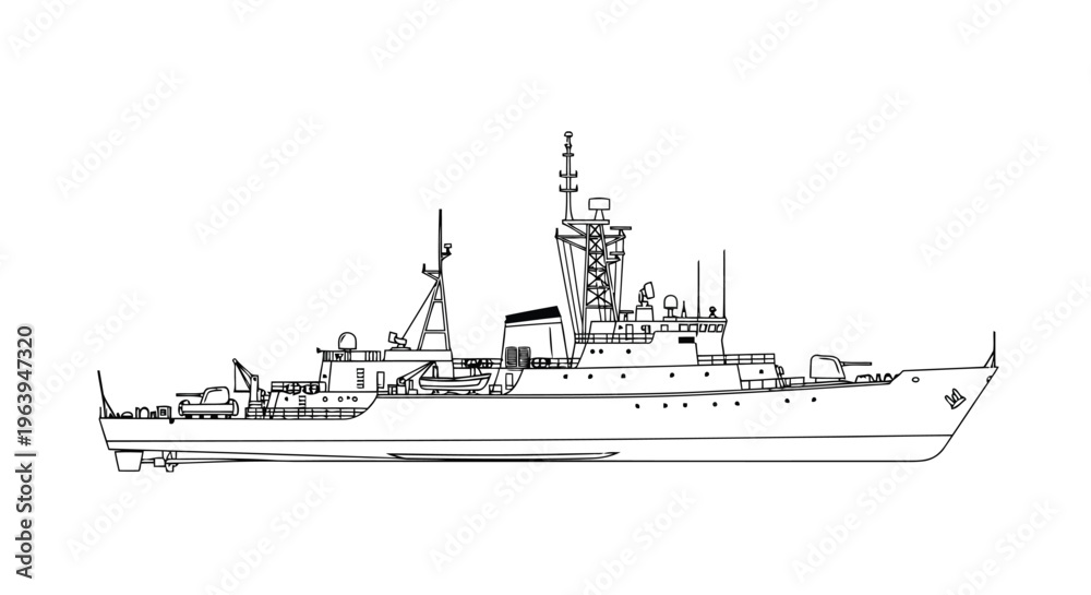 Fototapeta premium Naval Warship Line Icon – Military Ship Ocean Defense Vessel Detailed Illustration