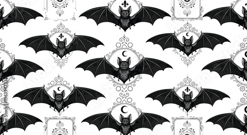 Vintage Gothic Bat Seamless Pattern with Ornamental Frames and Dark Halloween Style Design for Background, Textile, Wallpaper and Decorative Surface Illustration