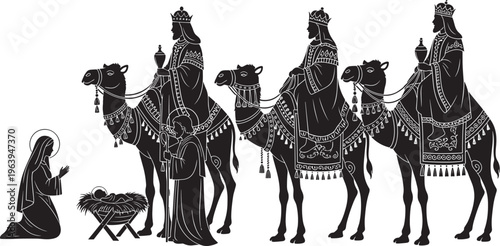 Cad drawing flat vector illustration of the three wise men kings on camels visiting baby jesus in a manger with mary and joseph.