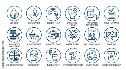Collection of outline vector icons promoting water conservation, sustainable living, and responsible water resource management for eco-friendly practices in households and communities worldwide