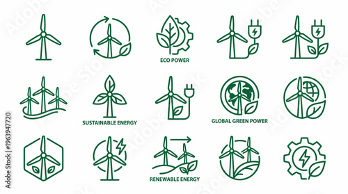 Green energy icons and symbols representing sustainability, renewable power, and eco-friendly solutions for a cleaner planet and future