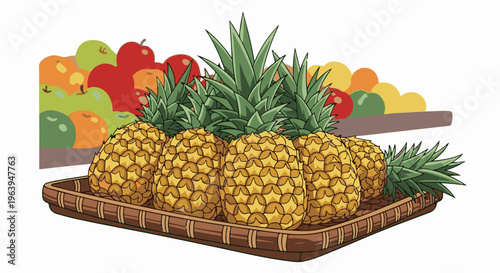A woven basket overflows with golden pineapples, with colorful fruits piled high