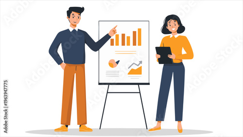 Business colleagues presenting data charts on flipchart vector banner