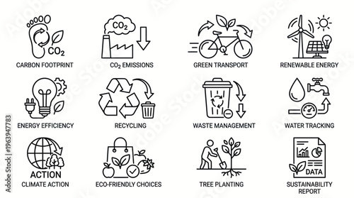 Environmental protection icons illustrating sustainable practices and ecological conservation for a greener future