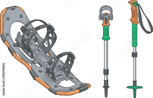 Cad drawing flat vector illustration of professional snowshoes and trekking poles for winter hiking mountain climbing and outdoor adventure sports in the cold snow.