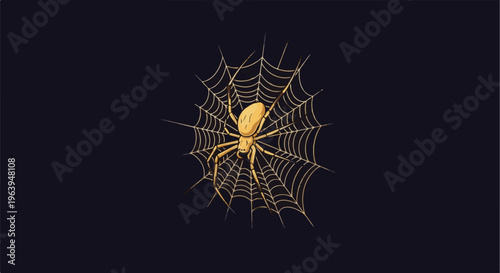 A yellow spider sits centered on its intricate golden web against dark backdrop