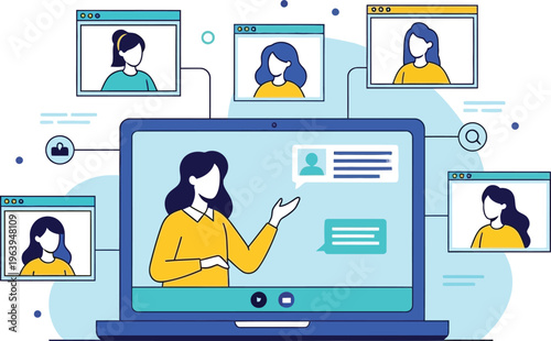 Online Collaboration: A vibrant illustration depicts a modern digital conference, connecting multiple participants on a laptop screen.