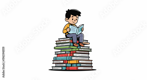 A young boy sits atop a tall stack of colorful books, engrossed in reading