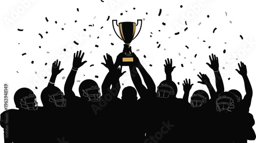 Victory celebration with trophy and confetti in dramatic spotlight