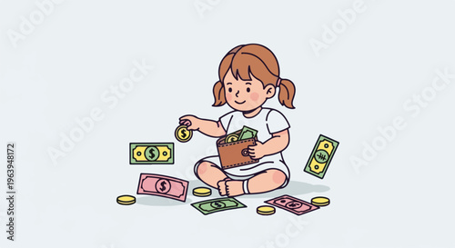 A young child happily counting coins and bills with a brown wallet on a light background