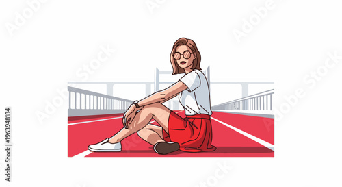 A young person in a red skirt and white shirt sits on a red pathway