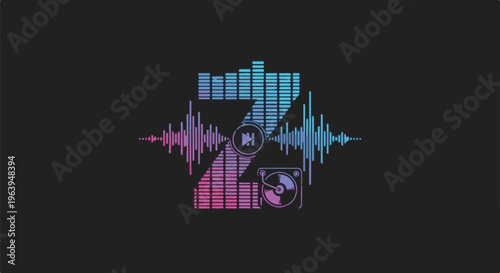 Abstract audio waveform and equalizer graphic with turntable