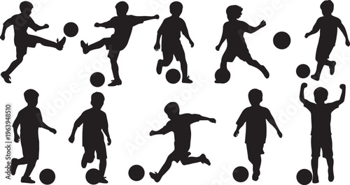 silhouette of children playing soccer at sunset with dynamic motion