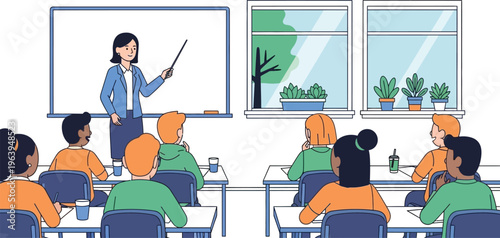 Teacher's Guiding Light: A dedicated teacher leads her students in a vibrant classroom. Sunlight streams through the window. conveying an atmosphere of knowledge and the promise of a bright future.