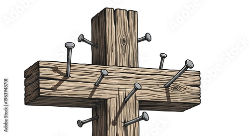 Symbolic weathered wooden structure pierced by many metal nails, illustrating concepts of pain, burden, and profound personal sacrifice in a stark, impactful manner