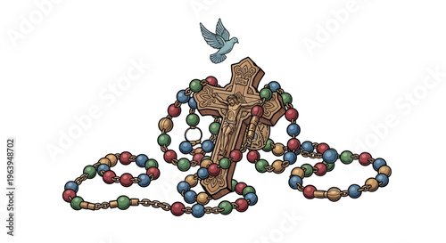Catholic rosary with wooden cross and dove symbol of peace and faith, religious artifact and spiritual journey