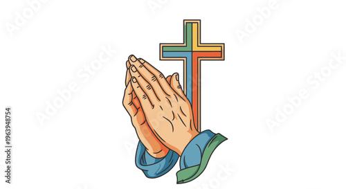 Hands clasped in prayer with a colorful Christian cross behind them symbolizing faith and devotion