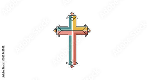 Ornate and multicolored Christian cross illustration, a beautifully rendered graphic symbol of faith, spirituality, and religious devotion, ideal for diverse design applications